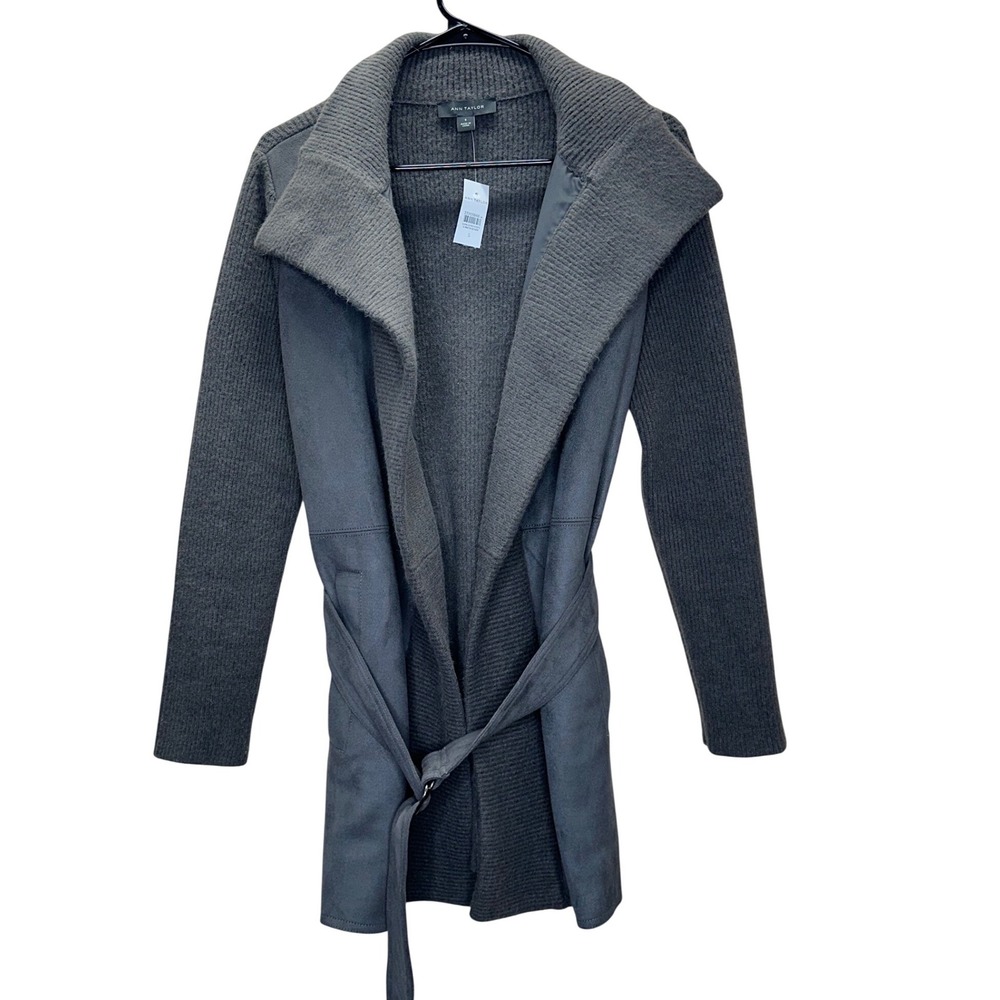 Ann Taylor Mixed Media Faux Suede Ribbed Knit‎ Belted Cardigan Sweater Gray S